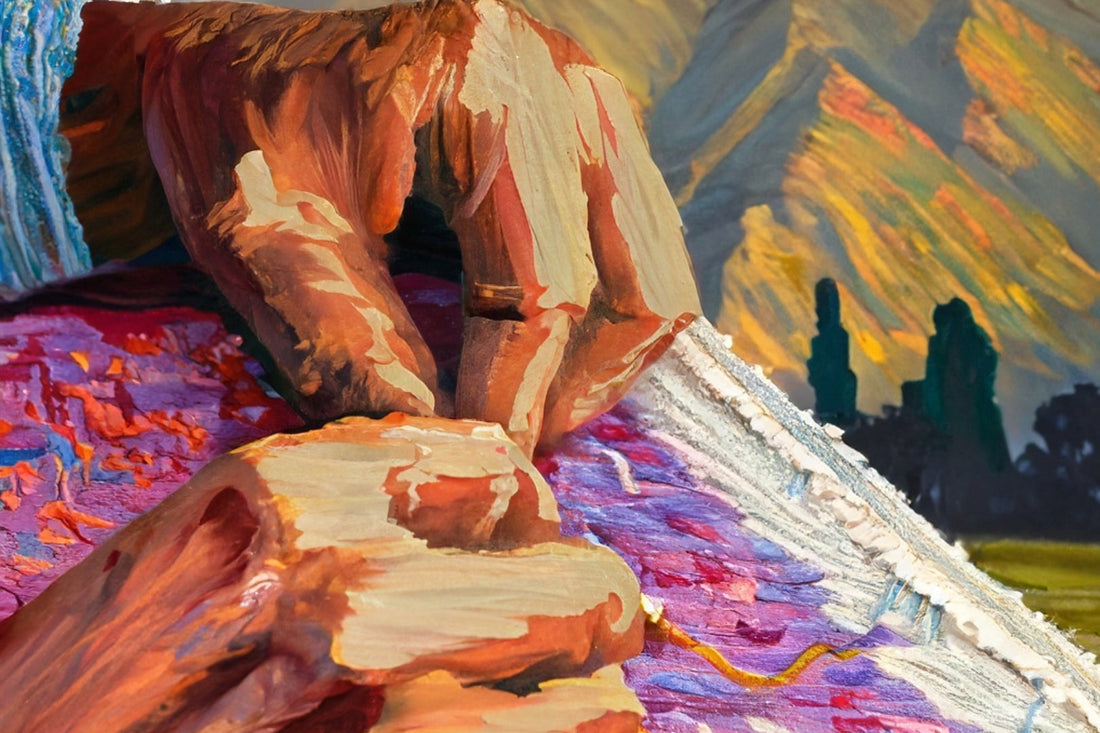 Artistic depiction of Kashmiri artisan doing hand embroidery on Pashmina shawl.