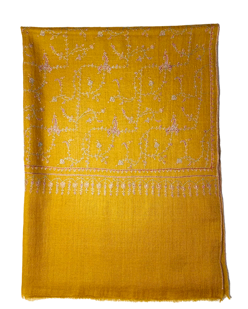 Mustard Jaalidar Pashmina stole with exquisite Sozni embroidery on 100% pure Yangir wool.