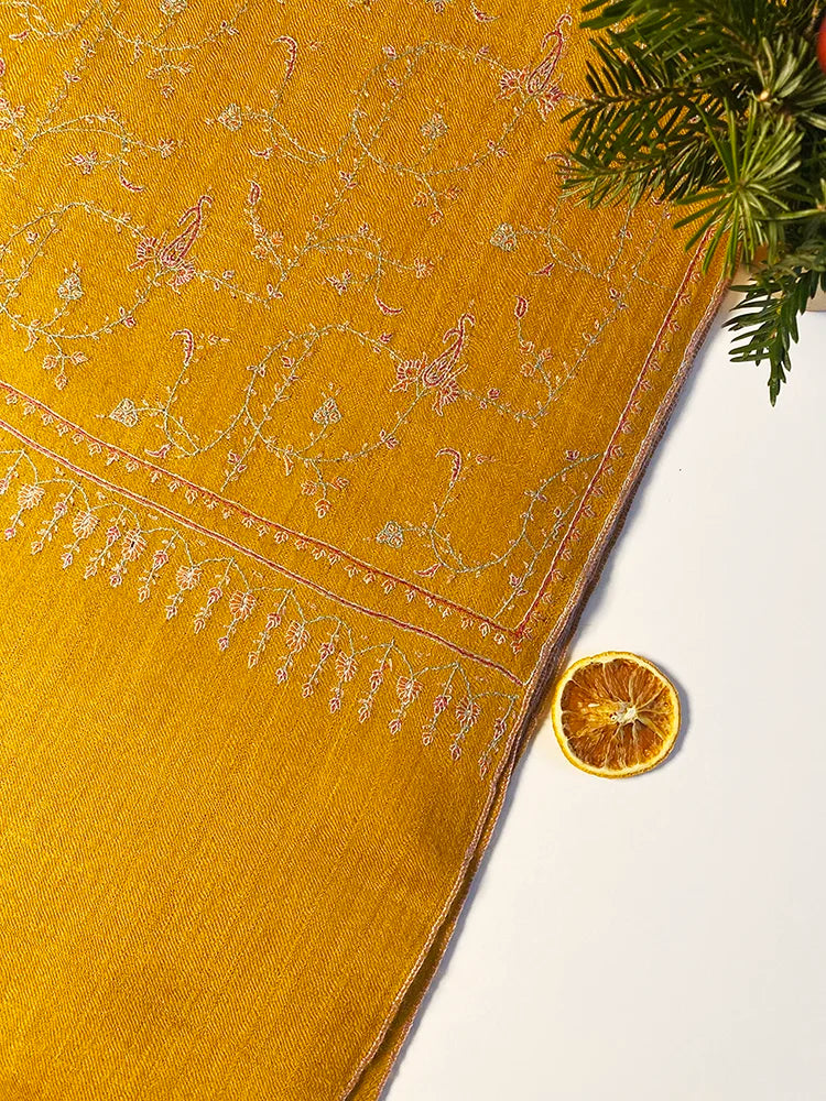 Mustard Jaalidar Pashmina stole with exquisite Sozni embroidery on 100% pure Yangir wool.