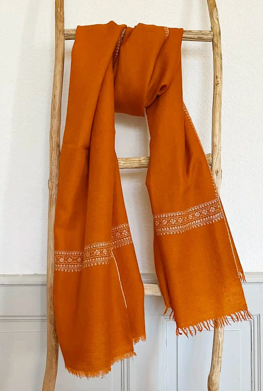 Pashmina stole in burnt orange with light border embroidery, 100% cashmere and handmade