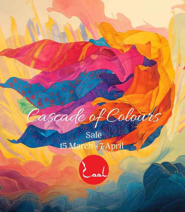 Conceptual collage of shawls flying showing cascade of colours; which is the name of Laal's spring sale.