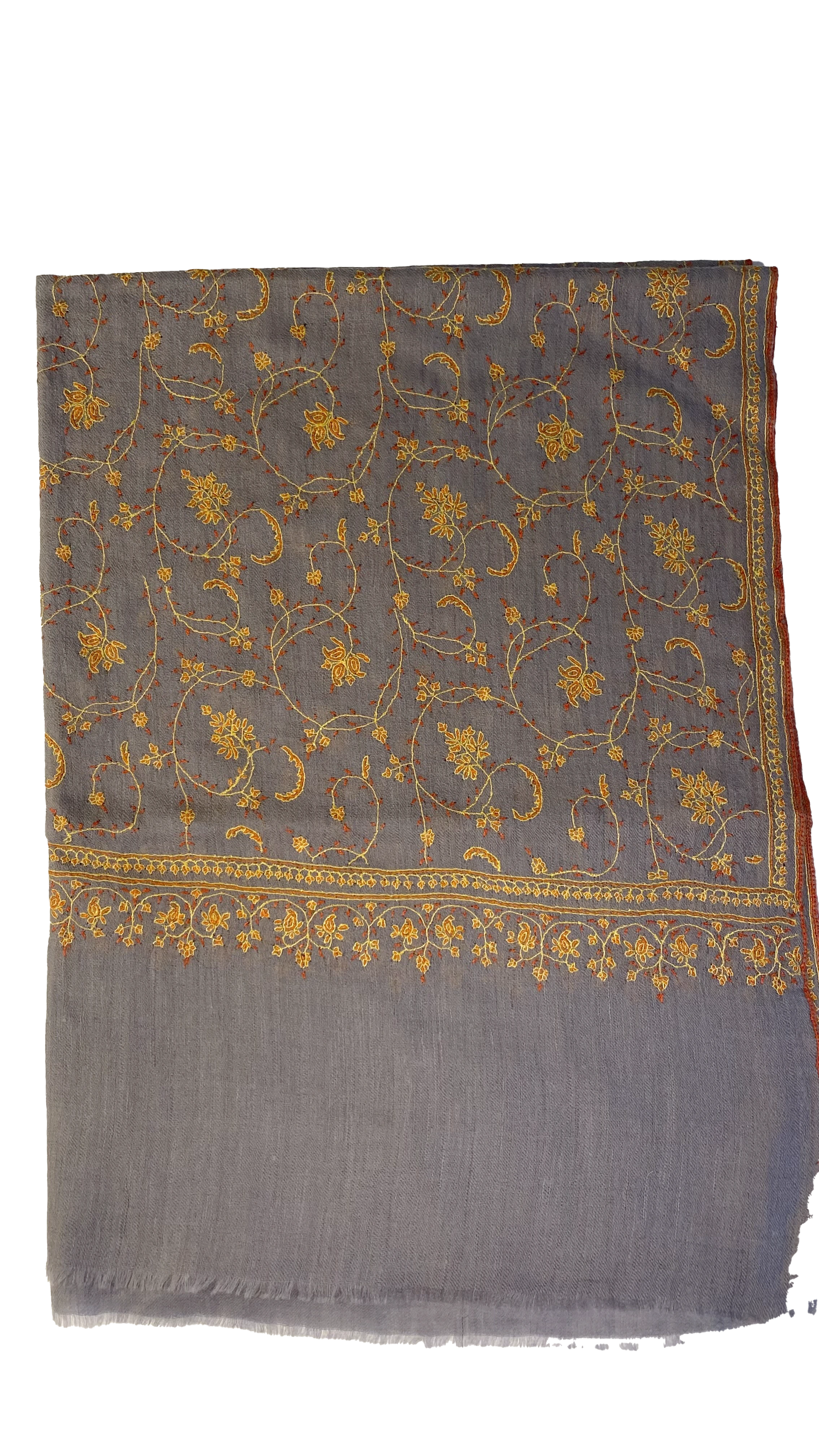 Luxuriously crafted and exquisitely detailed, this jaalidar pashmina stole stands as a statement of elegance and sophistication. At 70x200 cm and a mere 120 grams, it epitomizes luxury in every fiber. The stole, woven from the rare Yangir wool of the Himalayan Ibex, promises unparalleled softness. Its soft grey canvas, enriched with intricate yellow embroidery, reflects regal finesse and is a prized addition to any luxury collection. 